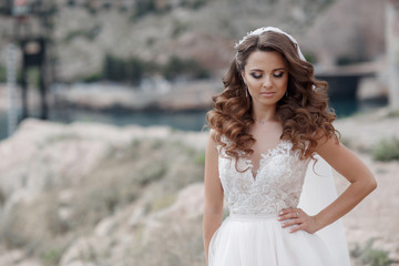 Fototapeta na wymiar Beautiful bride stands on a cliff above the sea in a glamorous white wedding dress view of veil.Romantic beautiful bride in white dress posing on the background sea. Happy Wedding Day.