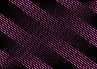 Striped background. Pink neon diagonal lines on black background. Vector illustration.