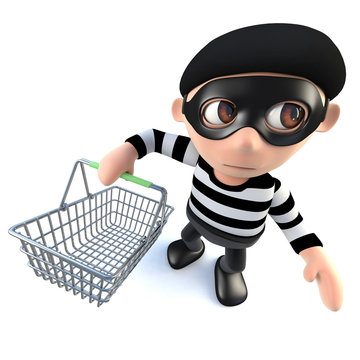 3d Funny cartoon burglar thief character holding a shopping basket