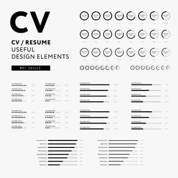 CV Resume design elements - Skills icons set - minimal iconography vector - black and white infographics