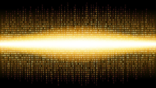 Binary abstract background with bright radiance in the digital space, glowing cloud of big data, stream of information, well organized layers