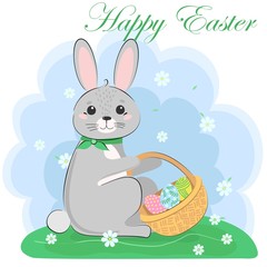 Easter Bunny with painted egg. It's spring. Season celebration. Vector illustration.