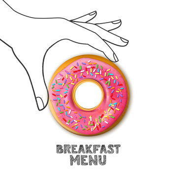 Breakfast menu concept. Tasty pink glazed donut in hand drawn watercolor human hand isolated on white background. Vector food illustration. Bakery or cafe design.