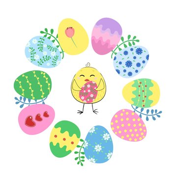 Easter card template with colored eggs. Vector illustration.