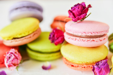 multicolored macaroons on light background, geometric layout