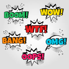 Set of comic speech bubbles with different emotions and Boom, Wow, Wtf, Bang, Oops words. Vector illustration.