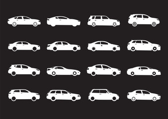 Set of white modern shapes and Icons of Cars on black background. Vector Illustration.