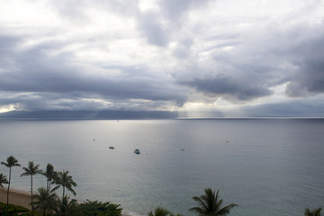 Ocean Vista with Beams of Sunlight Islands Palm Trees and Boats