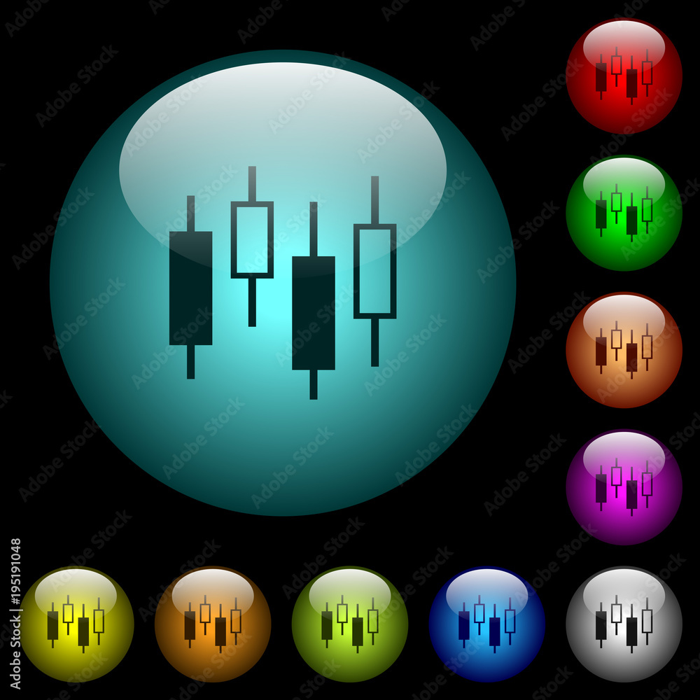 Poster candlestick chart icons in color illuminated glass buttons