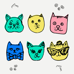 Vector set of adorable cats. Hand drawn style.