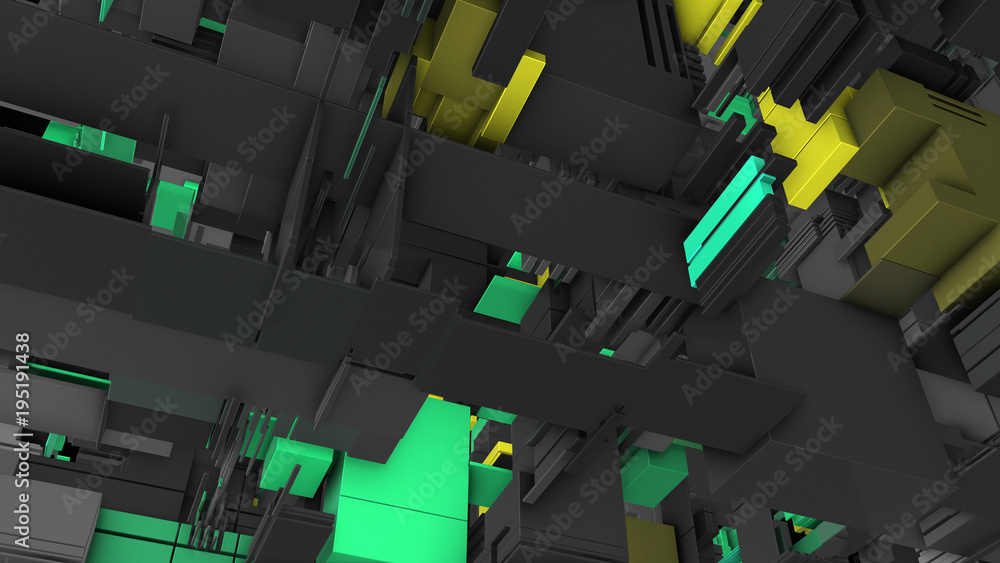 Poster abstract 3d rendering of surface with random cubes and electronic shapes. futuristic science fiction
