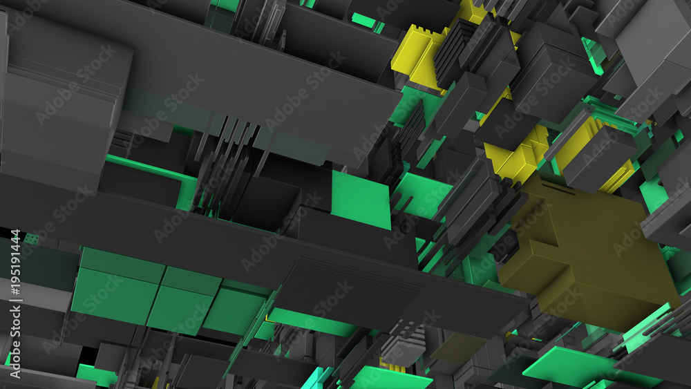 Poster abstract 3d rendering of surface with random cubes and electronic shapes. futuristic science fiction