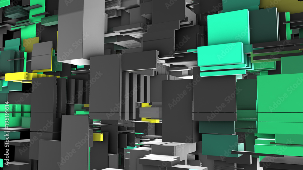 Poster abstract 3d rendering of surface with random cubes and electronic shapes. futuristic science fiction