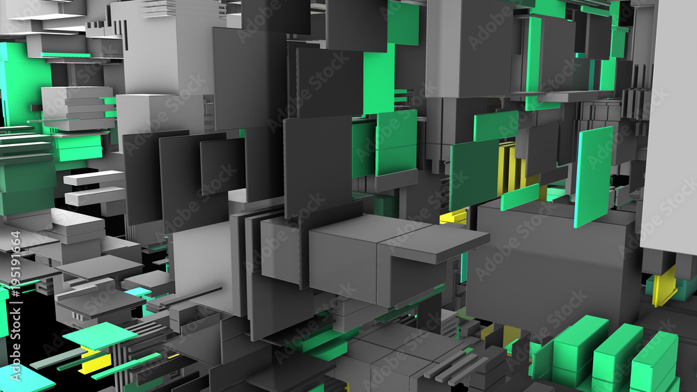 Poster abstract 3d rendering of surface with random cubes and electronic shapes. futuristic science fiction