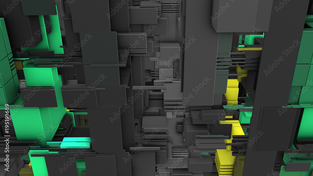 Poster abstract 3d rendering of surface with random cubes and electronic shapes. futuristic science fiction