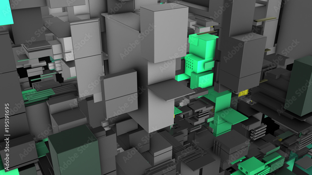 Poster abstract 3d rendering of surface with random cubes and electronic shapes. futuristic science fiction