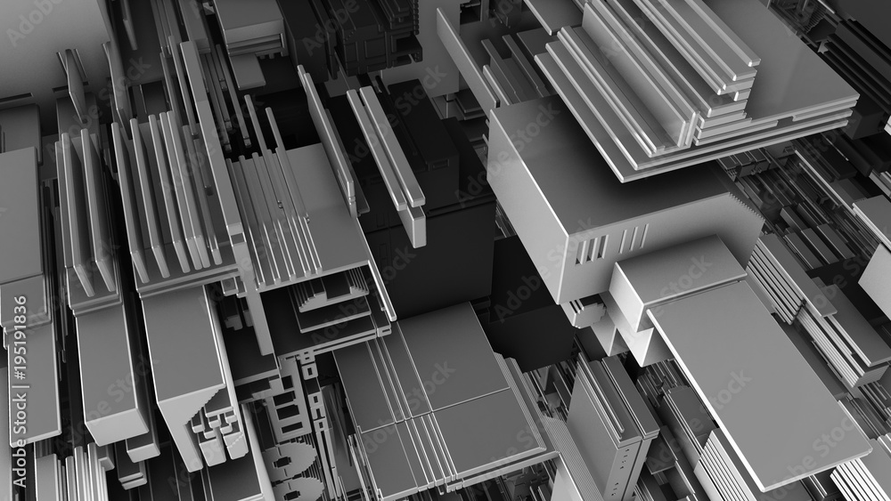 Poster abstract 3d rendering of surface with random cubes and electronic shapes. futuristic science fiction