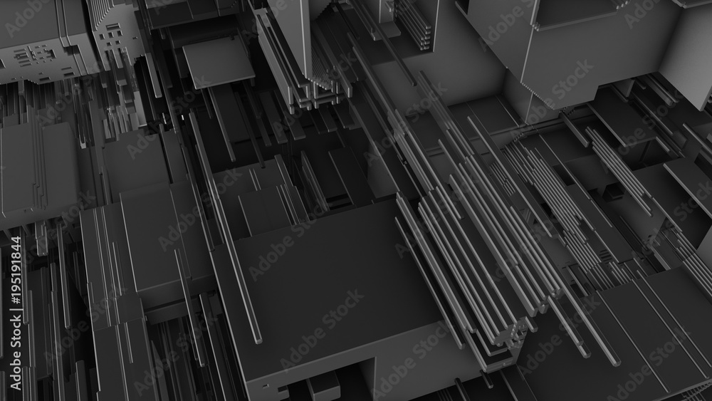 Poster abstract 3d rendering of surface with random cubes and electronic shapes. futuristic science fiction