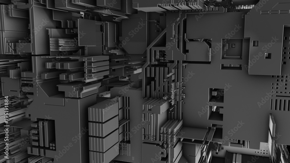 Poster abstract 3d rendering of surface with random cubes and electronic shapes. futuristic science fiction