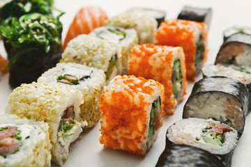 Set of sushi rolls, maki on white background