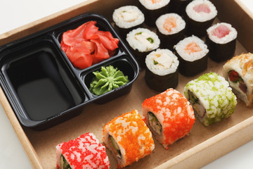 Closeup of set of sushi maki and rolls