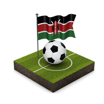 Kenya flag football concept. Flag, ball and soccer pitch isometric icon. 3D Rendering