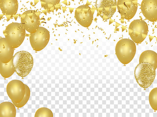 Celebration party banner with golden balloons and serpentine the floral ornament with bubbles. Vector