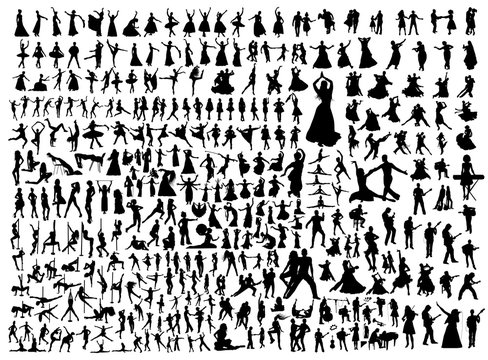 Black dancing people and musicians isolated silhouettes collection. Ballet, indian, latin, folk, oriental dance set.