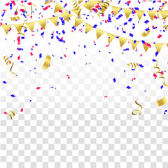 Celebration background template with confetti and red and blue ribbons.