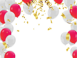 Red White balloons, confetti concept design background. with confetti and red and ribbons.