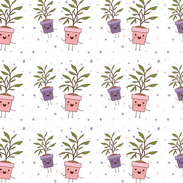 House Plant In Pot Kawaii Character Pattern Vector Illustration Design