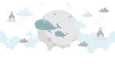 Graficzna ilustracja dla dzieci. Niebo wraz z wielorybami i księżycem