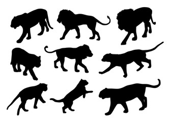 Lions and tigers vector silhouettes