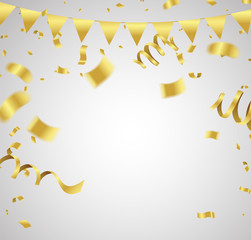 Many Falling Luxury Golden Confetti And Ribbon. Birthday & Celebration. Vector