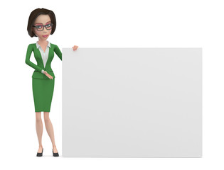 Cartoon business woman in green dress with big white sign 3d illustration