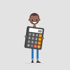 Young black character holding a giant calculator. Math. Education. Business. Flat editable vector illustration, clip art