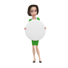 3D Illustration of angry Business woman in green dress with empty white round sign in her hands