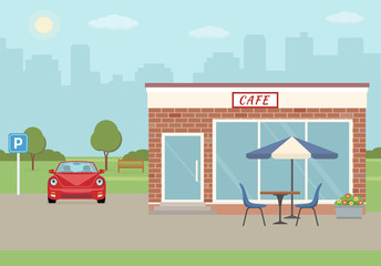 Cafe building with parking on city background. Flat style, vector illustration. 
