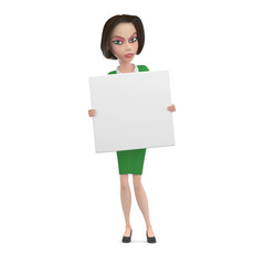 Angry Business woman with empty white square sign in her hands 3D Illustration