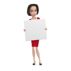 Angry Business woman in red dress with empty white square sign in her hands 3D Illustration