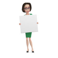 Angry Business woman in green dress with empty white square sign in her hands 3D Illustration
