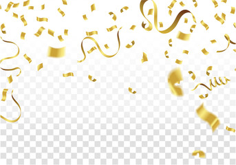 Golden Party Flags With Confetti And Ribbon Falling On White Background. Celebration Event & Birthday. Vector