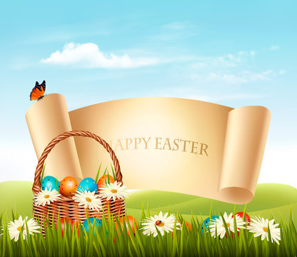 Happy Easter background. Eggs in a basket. Vector.