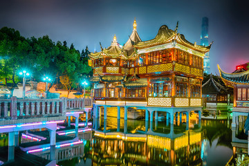 Shanghai, China view at the traditional Yuyuan Garden in night time.