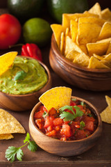 mexican guacamole and salsa dip, nachos tortilla chips