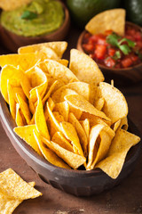 mexican nachos tortilla chips, guacamole and salsa dip