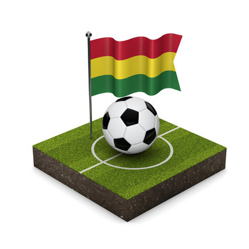 Bolivia flag football concept. Flag, ball and soccer pitch isometric icon. 3D Rendering