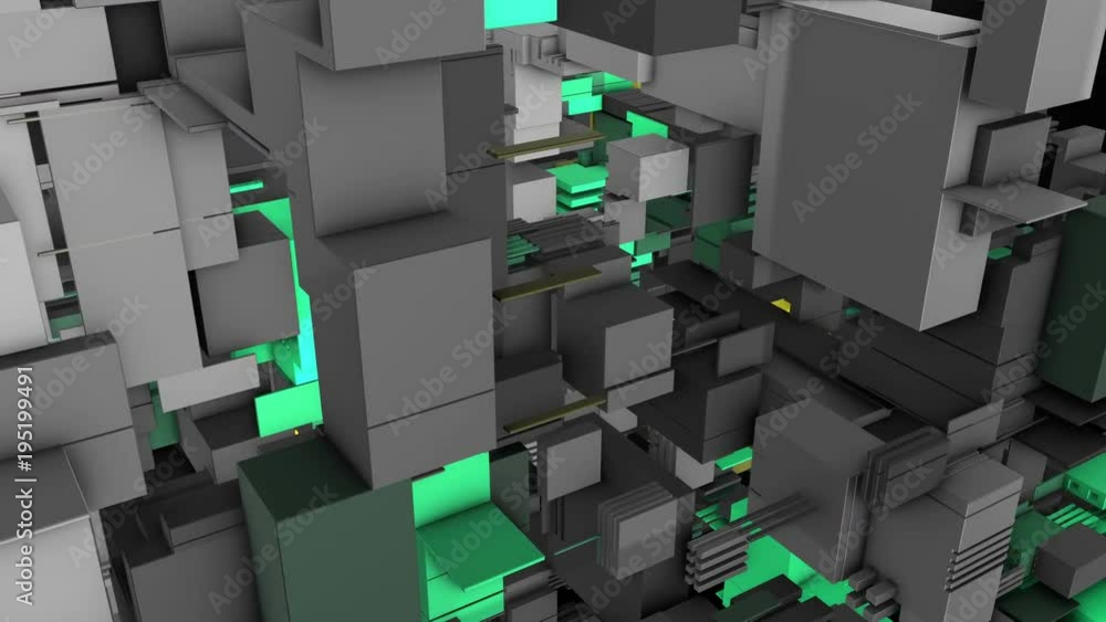 Poster abstract 3d rendering of surface with random cubes and electronic shapes. futuristic science fiction