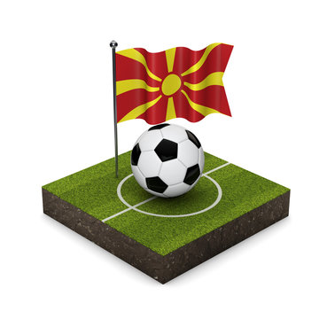 Macedonia flag football concept. Flag, ball and soccer pitch isometric icon. 3D Rendering
