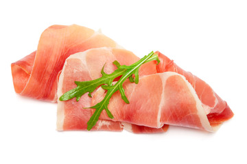 Italian prosciutto crudo or spanish jamon. Raw ham on white background.